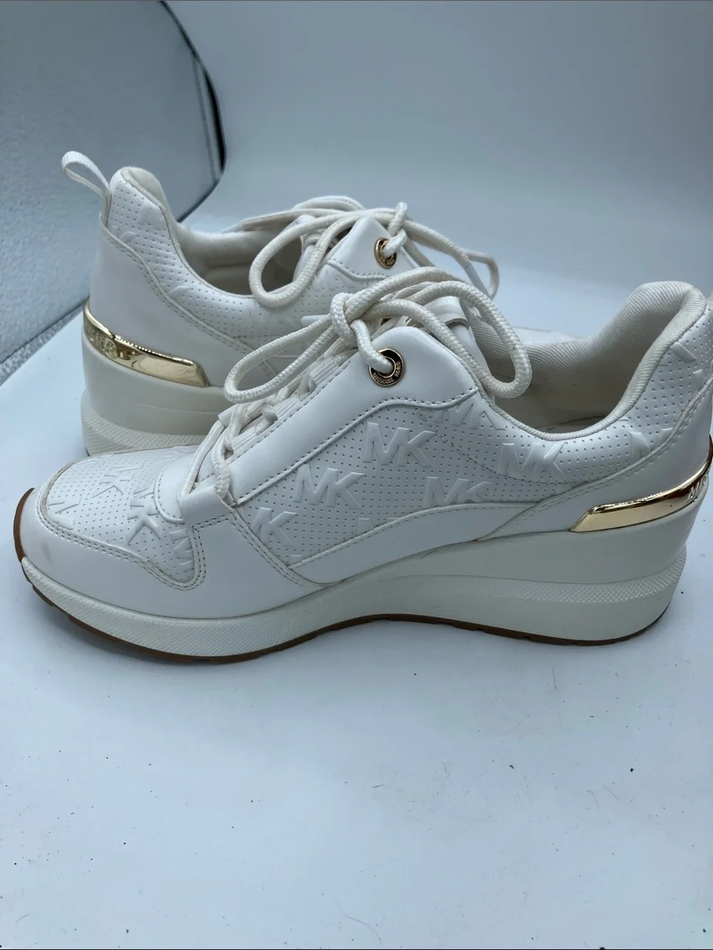 Michael Kors Cream Logo Wedge Sneakers with Gold Accents